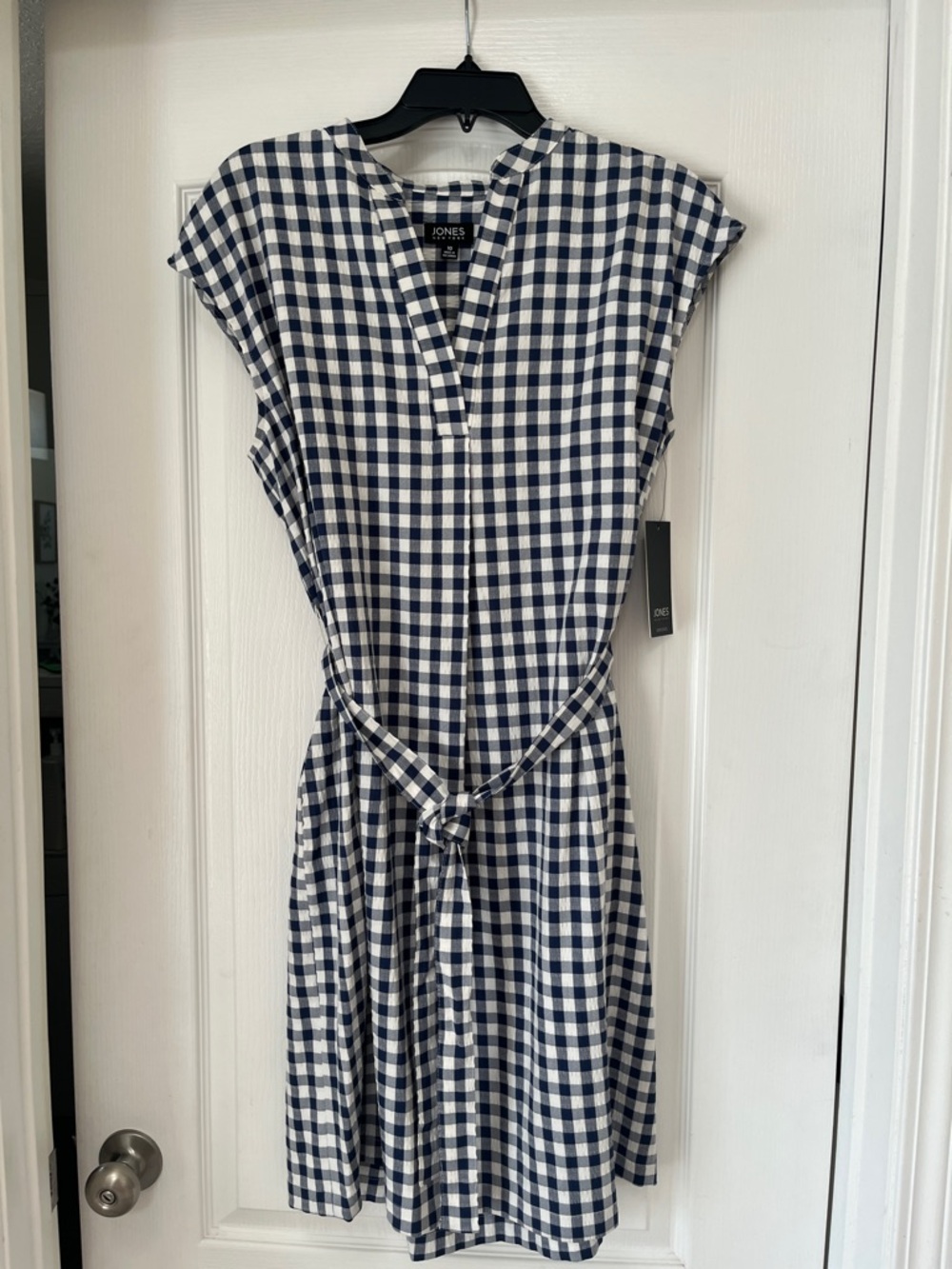 Jones New York Navy and White Gingham Tie-Waist Midi Dress